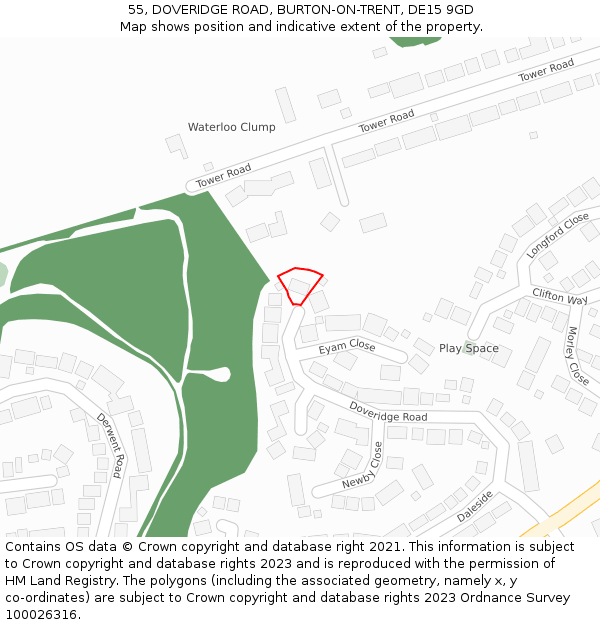 55, DOVERIDGE ROAD, BURTON-ON-TRENT, DE15 9GD: Location map and indicative extent of plot