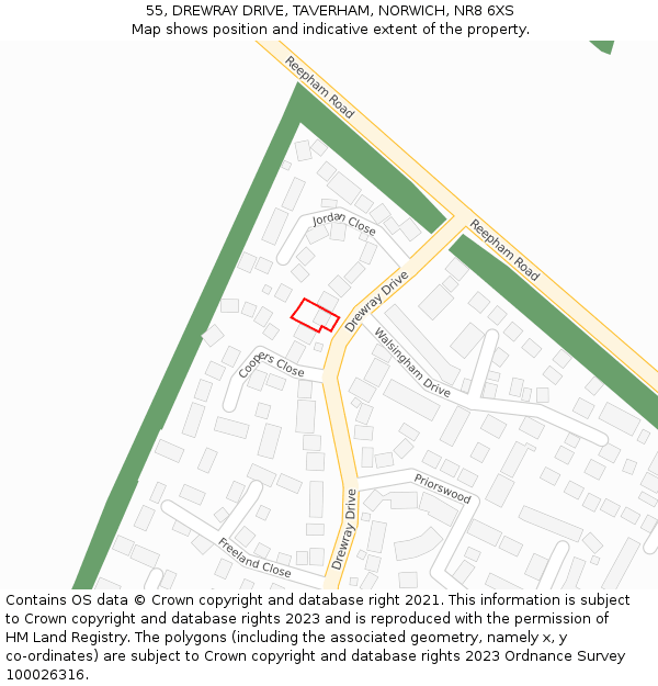 55, DREWRAY DRIVE, TAVERHAM, NORWICH, NR8 6XS: Location map and indicative extent of plot