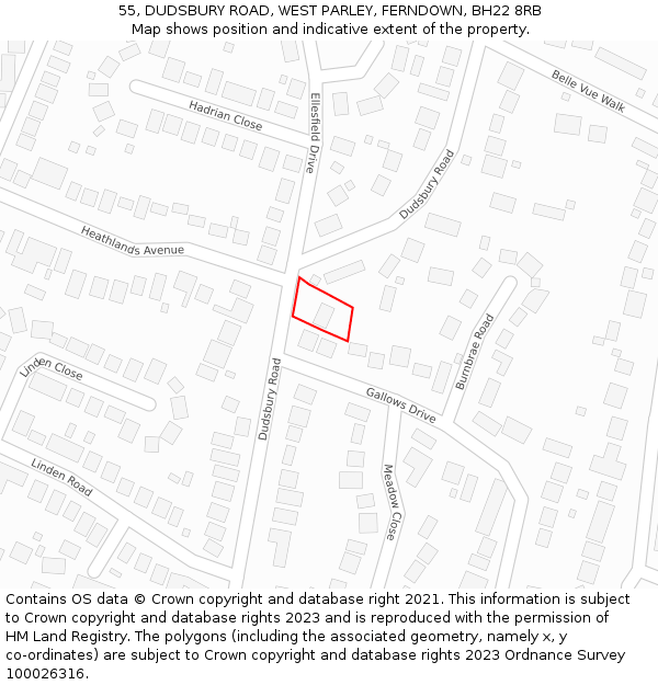 55, DUDSBURY ROAD, WEST PARLEY, FERNDOWN, BH22 8RB: Location map and indicative extent of plot