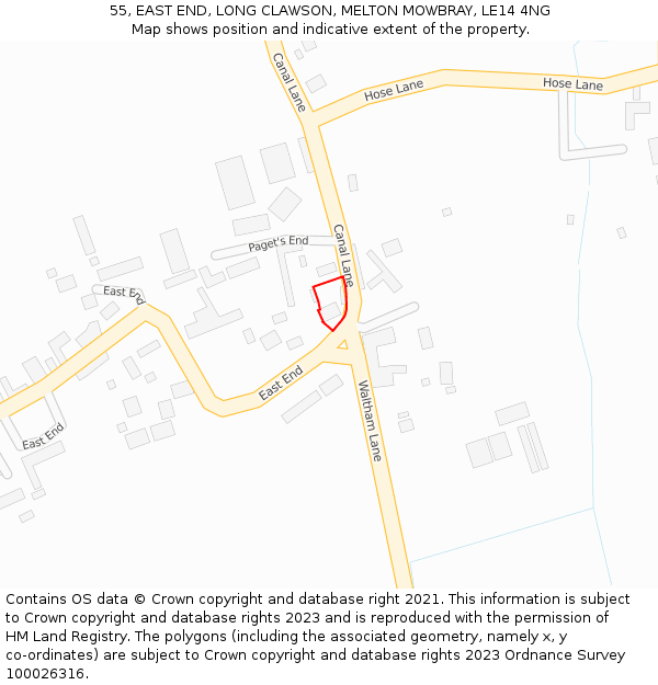 55, EAST END, LONG CLAWSON, MELTON MOWBRAY, LE14 4NG: Location map and indicative extent of plot
