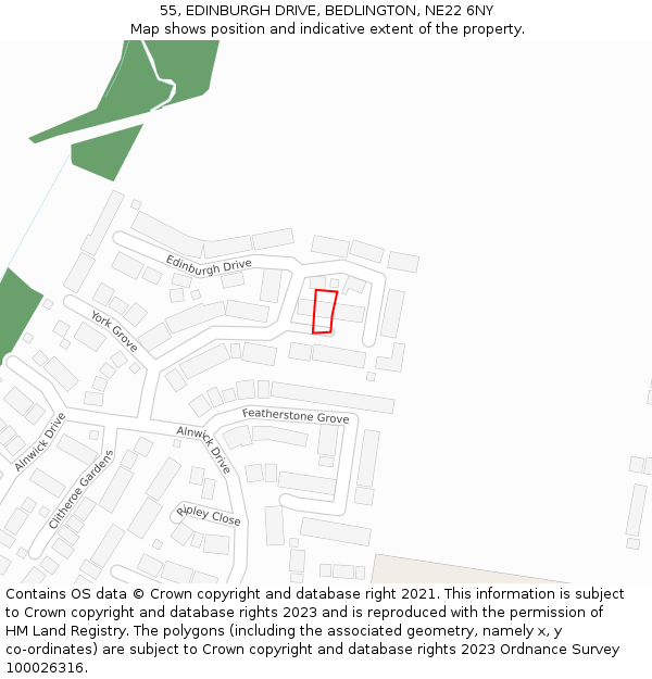 55, EDINBURGH DRIVE, BEDLINGTON, NE22 6NY: Location map and indicative extent of plot