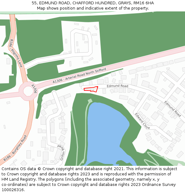 55, EDMUND ROAD, CHAFFORD HUNDRED, GRAYS, RM16 6HA: Location map and indicative extent of plot