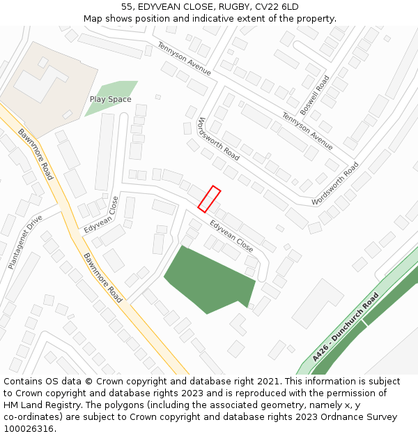 55, EDYVEAN CLOSE, RUGBY, CV22 6LD: Location map and indicative extent of plot