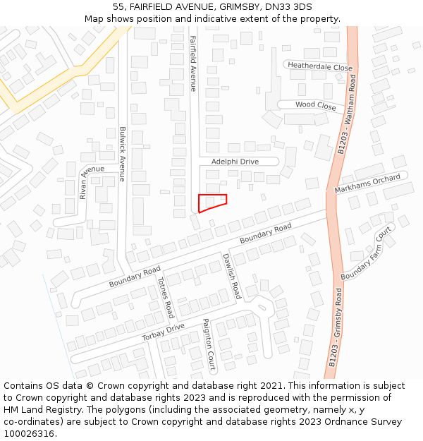 55, FAIRFIELD AVENUE, GRIMSBY, DN33 3DS: Location map and indicative extent of plot