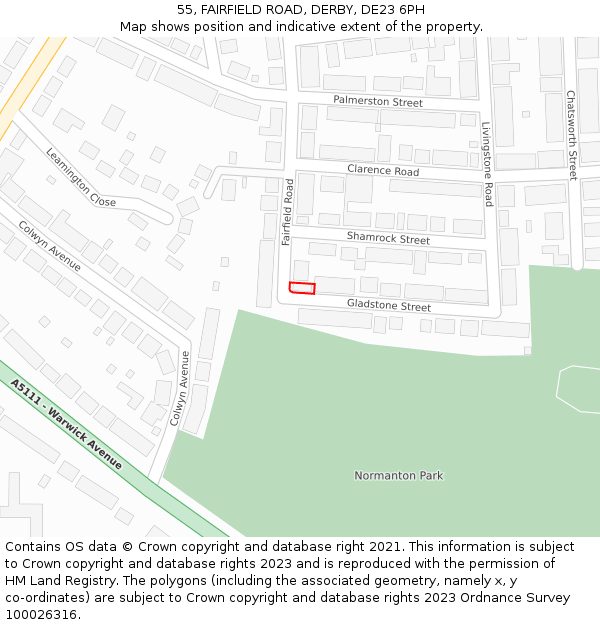 55, FAIRFIELD ROAD, DERBY, DE23 6PH: Location map and indicative extent of plot