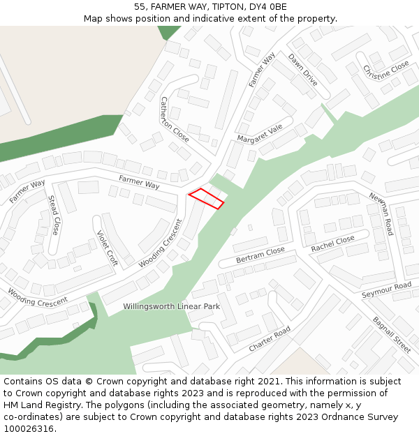 55, FARMER WAY, TIPTON, DY4 0BE: Location map and indicative extent of plot