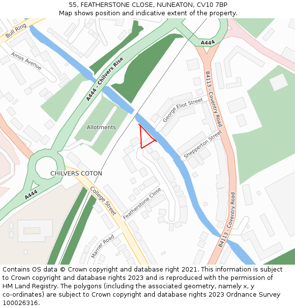 55, FEATHERSTONE CLOSE, NUNEATON, CV10 7BP: Location map and indicative extent of plot