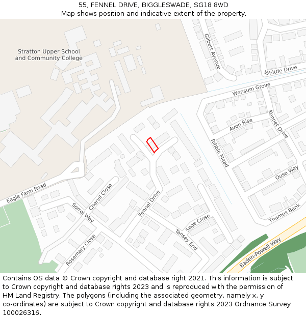 55, FENNEL DRIVE, BIGGLESWADE, SG18 8WD: Location map and indicative extent of plot