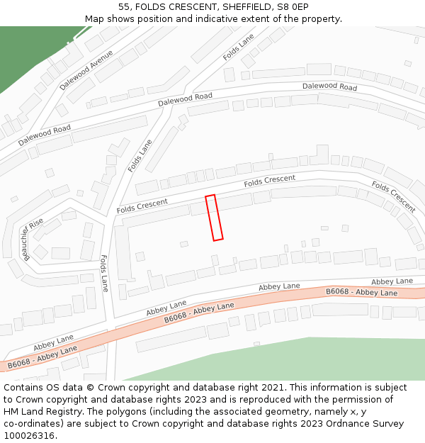 55, FOLDS CRESCENT, SHEFFIELD, S8 0EP: Location map and indicative extent of plot