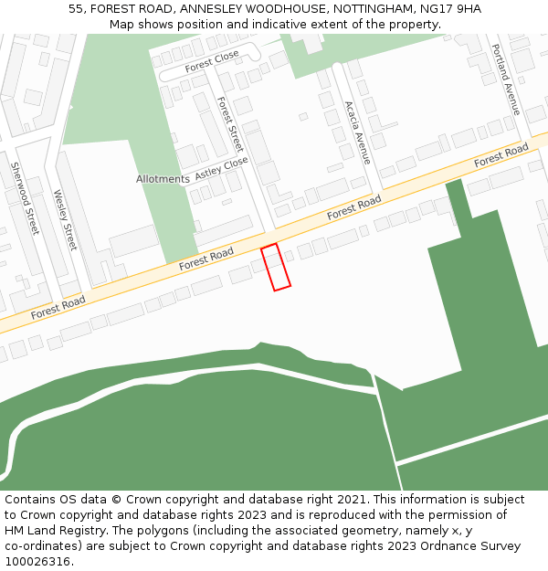 55, FOREST ROAD, ANNESLEY WOODHOUSE, NOTTINGHAM, NG17 9HA: Location map and indicative extent of plot