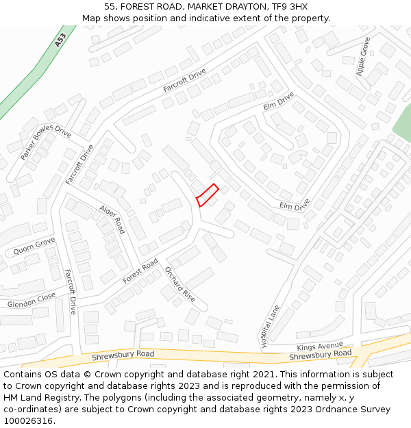 55, FOREST ROAD, MARKET DRAYTON, TF9 3HX: Location map and indicative extent of plot