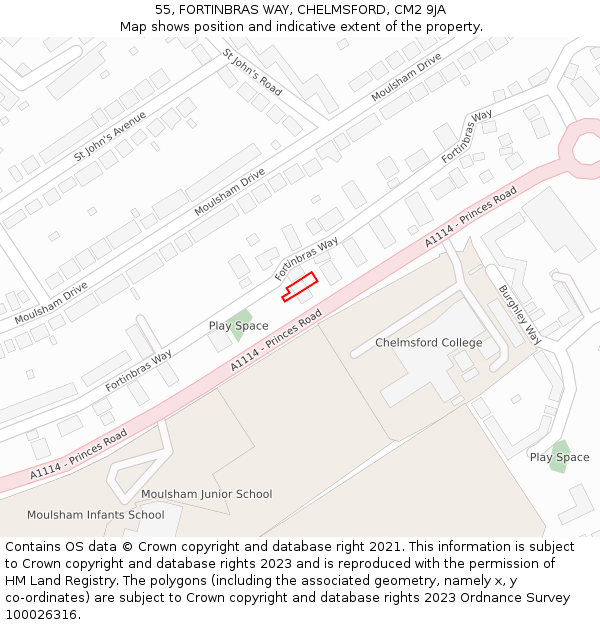 55, FORTINBRAS WAY, CHELMSFORD, CM2 9JA: Location map and indicative extent of plot