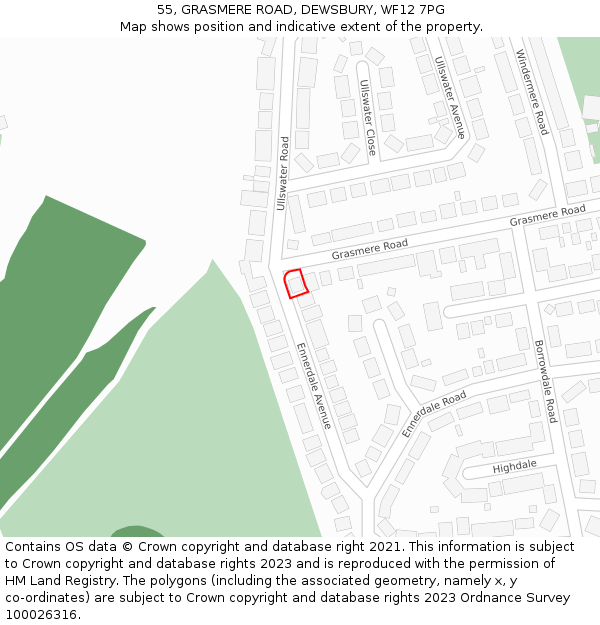55, GRASMERE ROAD, DEWSBURY, WF12 7PG: Location map and indicative extent of plot