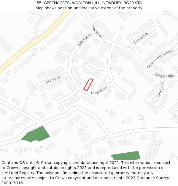 55, GREENACRES, WOOLTON HILL, NEWBURY, RG20 9TA: Location map and indicative extent of plot