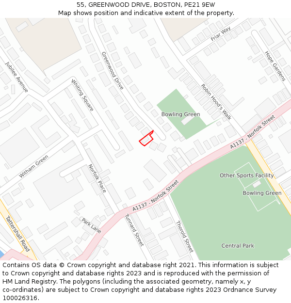 55, GREENWOOD DRIVE, BOSTON, PE21 9EW: Location map and indicative extent of plot