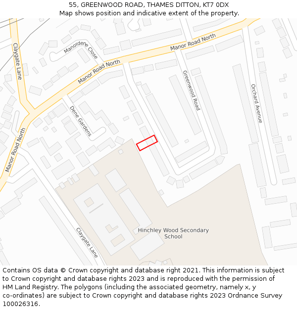 55, GREENWOOD ROAD, THAMES DITTON, KT7 0DX: Location map and indicative extent of plot