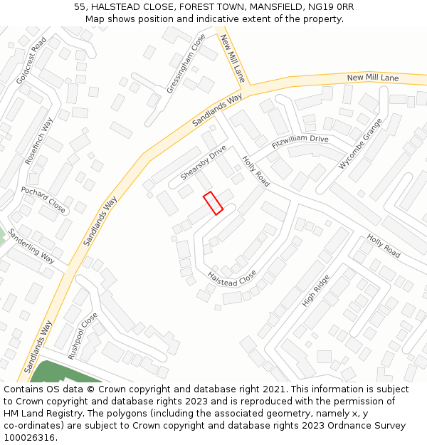 55, HALSTEAD CLOSE, FOREST TOWN, MANSFIELD, NG19 0RR: Location map and indicative extent of plot