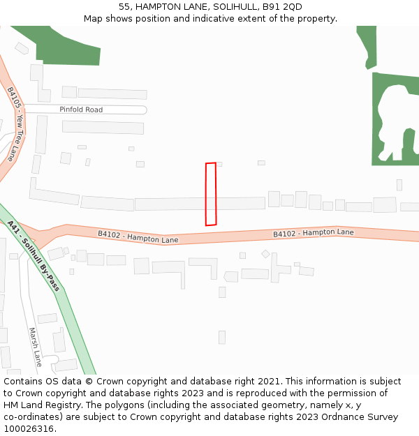 55, HAMPTON LANE, SOLIHULL, B91 2QD: Location map and indicative extent of plot