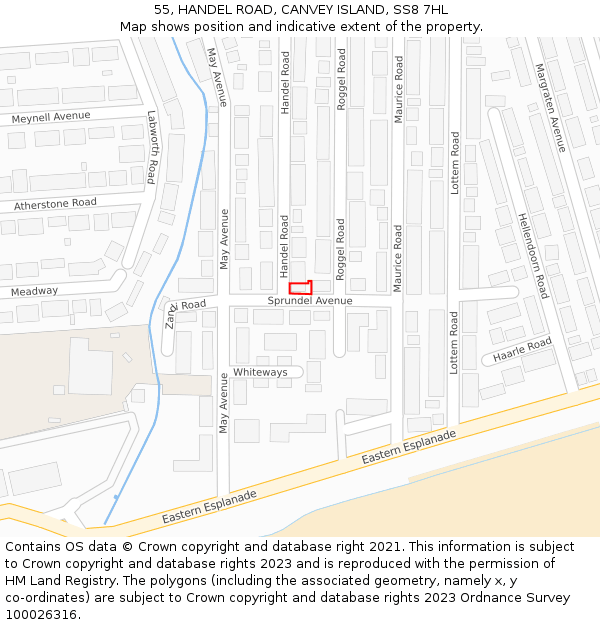 55, HANDEL ROAD, CANVEY ISLAND, SS8 7HL: Location map and indicative extent of plot