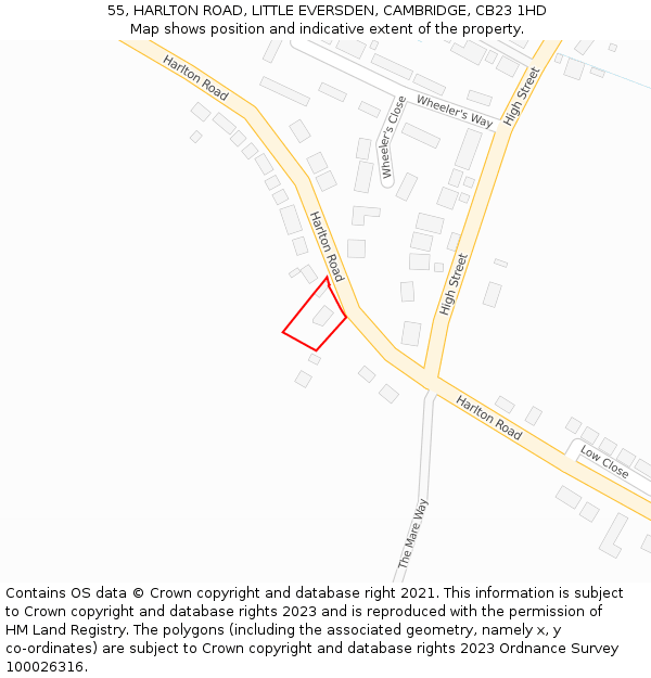 55, HARLTON ROAD, LITTLE EVERSDEN, CAMBRIDGE, CB23 1HD: Location map and indicative extent of plot