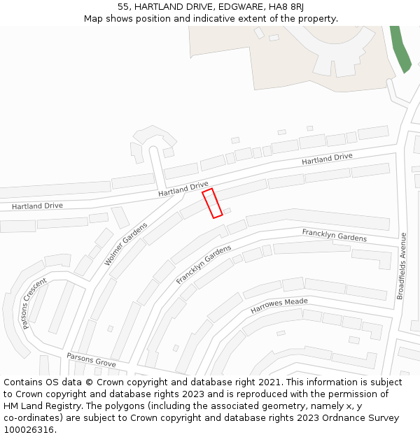 55, HARTLAND DRIVE, EDGWARE, HA8 8RJ: Location map and indicative extent of plot