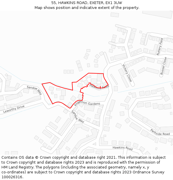 55, HAWKINS ROAD, EXETER, EX1 3UW: Location map and indicative extent of plot