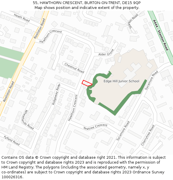 55, HAWTHORN CRESCENT, BURTON-ON-TRENT, DE15 9QP: Location map and indicative extent of plot