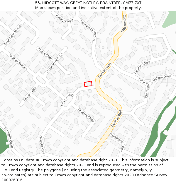 55, HIDCOTE WAY, GREAT NOTLEY, BRAINTREE, CM77 7XT: Location map and indicative extent of plot