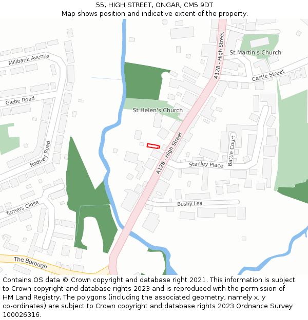 55, HIGH STREET, ONGAR, CM5 9DT: Location map and indicative extent of plot