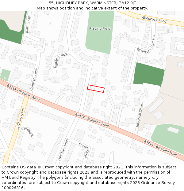 55, HIGHBURY PARK, WARMINSTER, BA12 9JE: Location map and indicative extent of plot