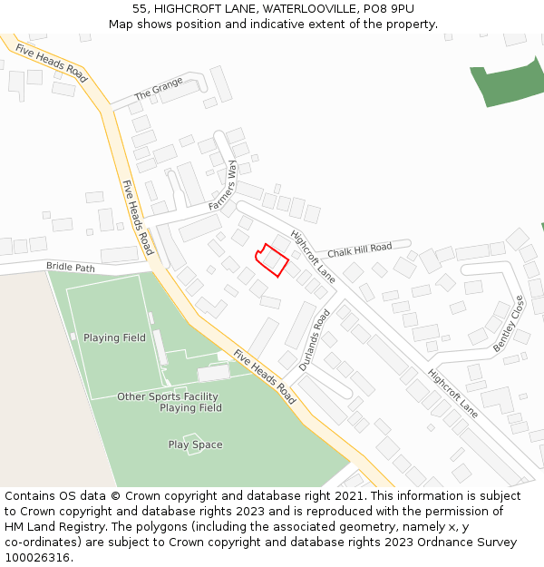 55, HIGHCROFT LANE, WATERLOOVILLE, PO8 9PU: Location map and indicative extent of plot