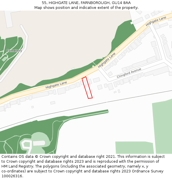 55, HIGHGATE LANE, FARNBOROUGH, GU14 8AA: Location map and indicative extent of plot