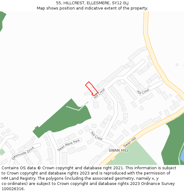 55, HILLCREST, ELLESMERE, SY12 0LJ: Location map and indicative extent of plot