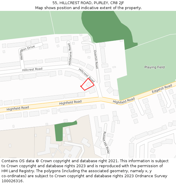 55, HILLCREST ROAD, PURLEY, CR8 2JF: Location map and indicative extent of plot