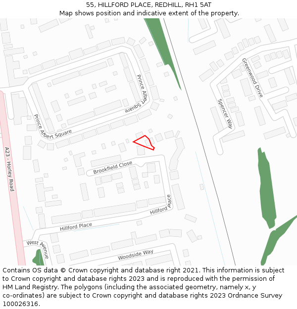 55, HILLFORD PLACE, REDHILL, RH1 5AT: Location map and indicative extent of plot