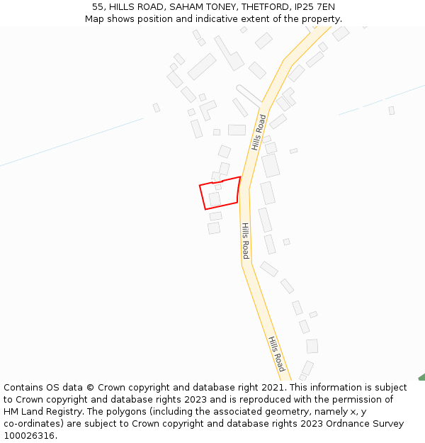 55, HILLS ROAD, SAHAM TONEY, THETFORD, IP25 7EN: Location map and indicative extent of plot