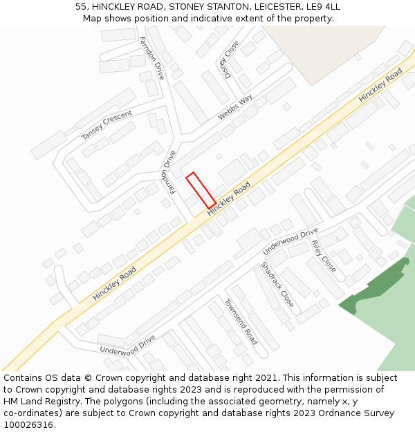 55, HINCKLEY ROAD, STONEY STANTON, LEICESTER, LE9 4LL: Location map and indicative extent of plot