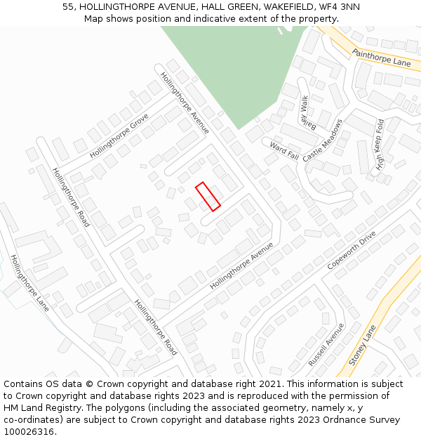 55, HOLLINGTHORPE AVENUE, HALL GREEN, WAKEFIELD, WF4 3NN: Location map and indicative extent of plot