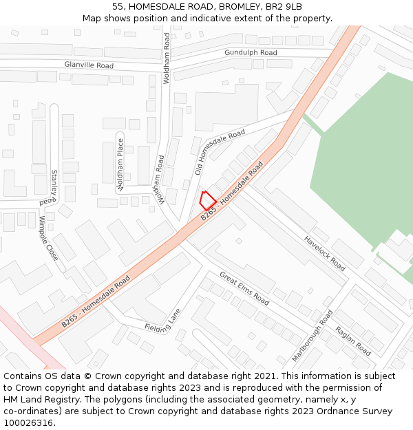 55, HOMESDALE ROAD, BROMLEY, BR2 9LB: Location map and indicative extent of plot
