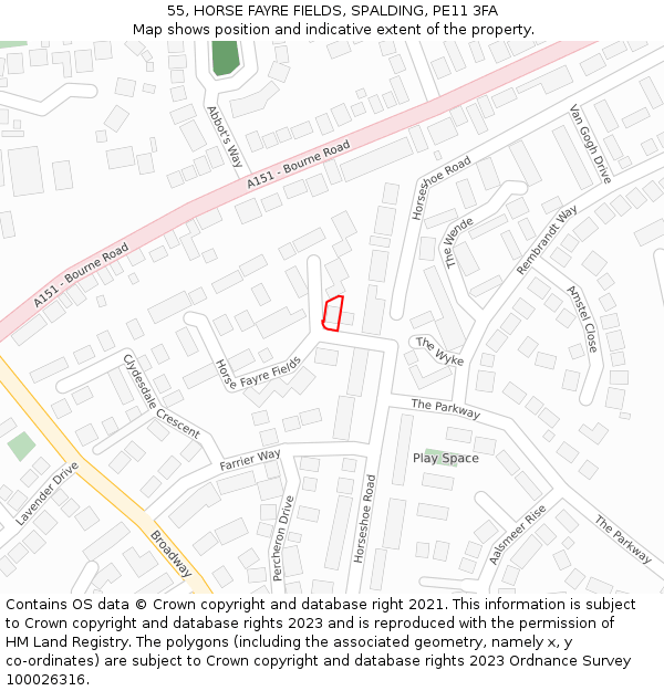 55, HORSE FAYRE FIELDS, SPALDING, PE11 3FA: Location map and indicative extent of plot