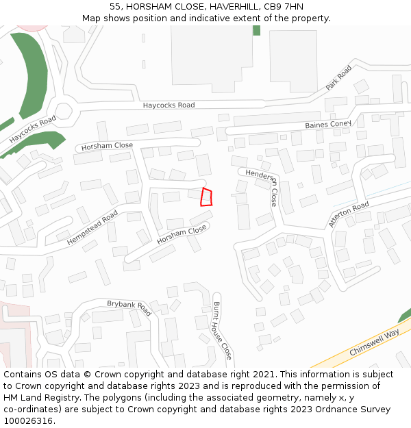 55, HORSHAM CLOSE, HAVERHILL, CB9 7HN: Location map and indicative extent of plot