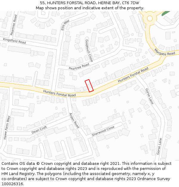 55, HUNTERS FORSTAL ROAD, HERNE BAY, CT6 7DW: Location map and indicative extent of plot