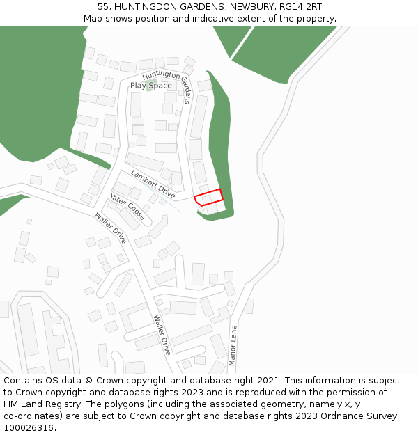 55, HUNTINGDON GARDENS, NEWBURY, RG14 2RT: Location map and indicative extent of plot