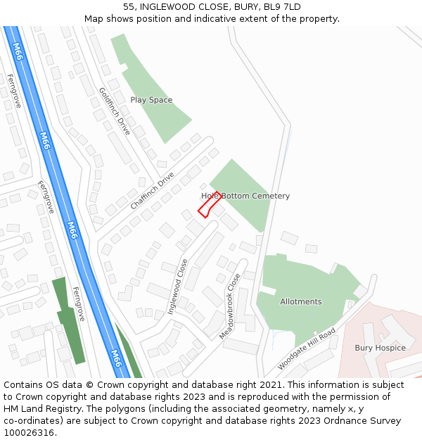 55, INGLEWOOD CLOSE, BURY, BL9 7LD: Location map and indicative extent of plot