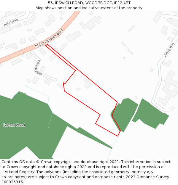 55, IPSWICH ROAD, WOODBRIDGE, IP12 4BT: Location map and indicative extent of plot