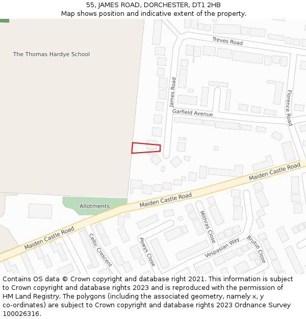 55, JAMES ROAD, DORCHESTER, DT1 2HB: Location map and indicative extent of plot
