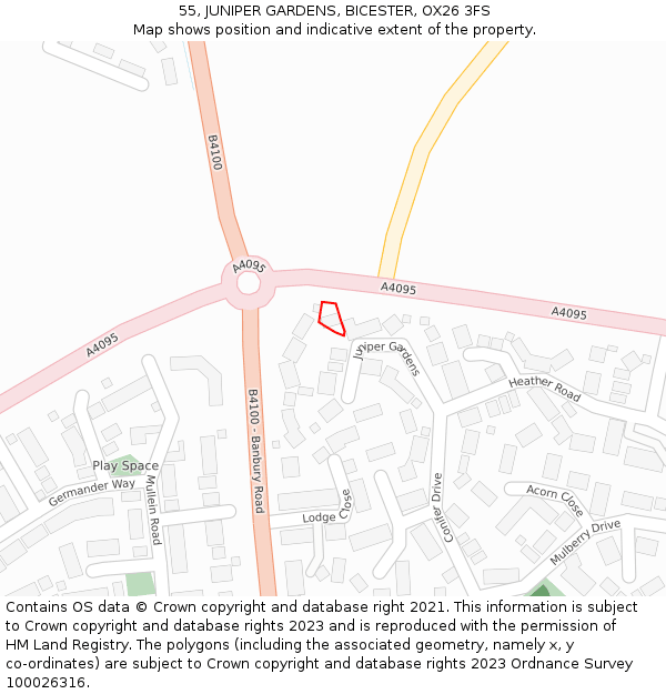 55, JUNIPER GARDENS, BICESTER, OX26 3FS: Location map and indicative extent of plot