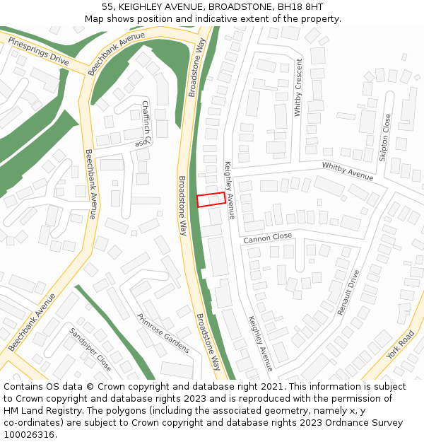 55, KEIGHLEY AVENUE, BROADSTONE, BH18 8HT: Location map and indicative extent of plot