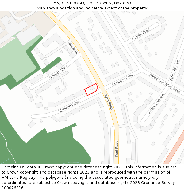 55, KENT ROAD, HALESOWEN, B62 8PQ: Location map and indicative extent of plot