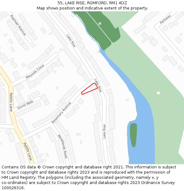 55, LAKE RISE, ROMFORD, RM1 4DZ: Location map and indicative extent of plot
